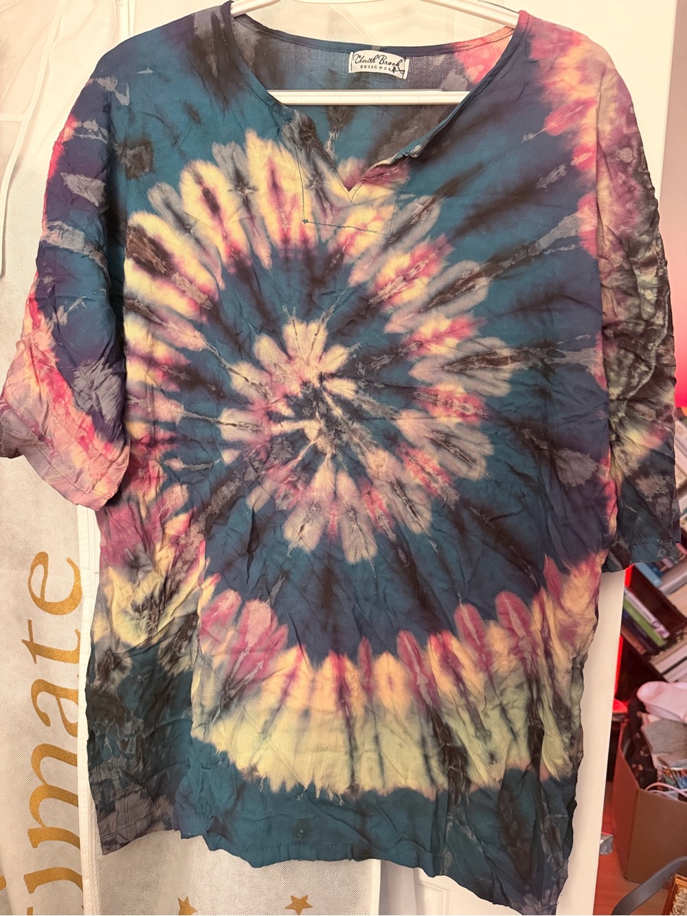 Linen Tie-Dye Spiral Short Sleeve Tunic in Blue, Pink & Yellow